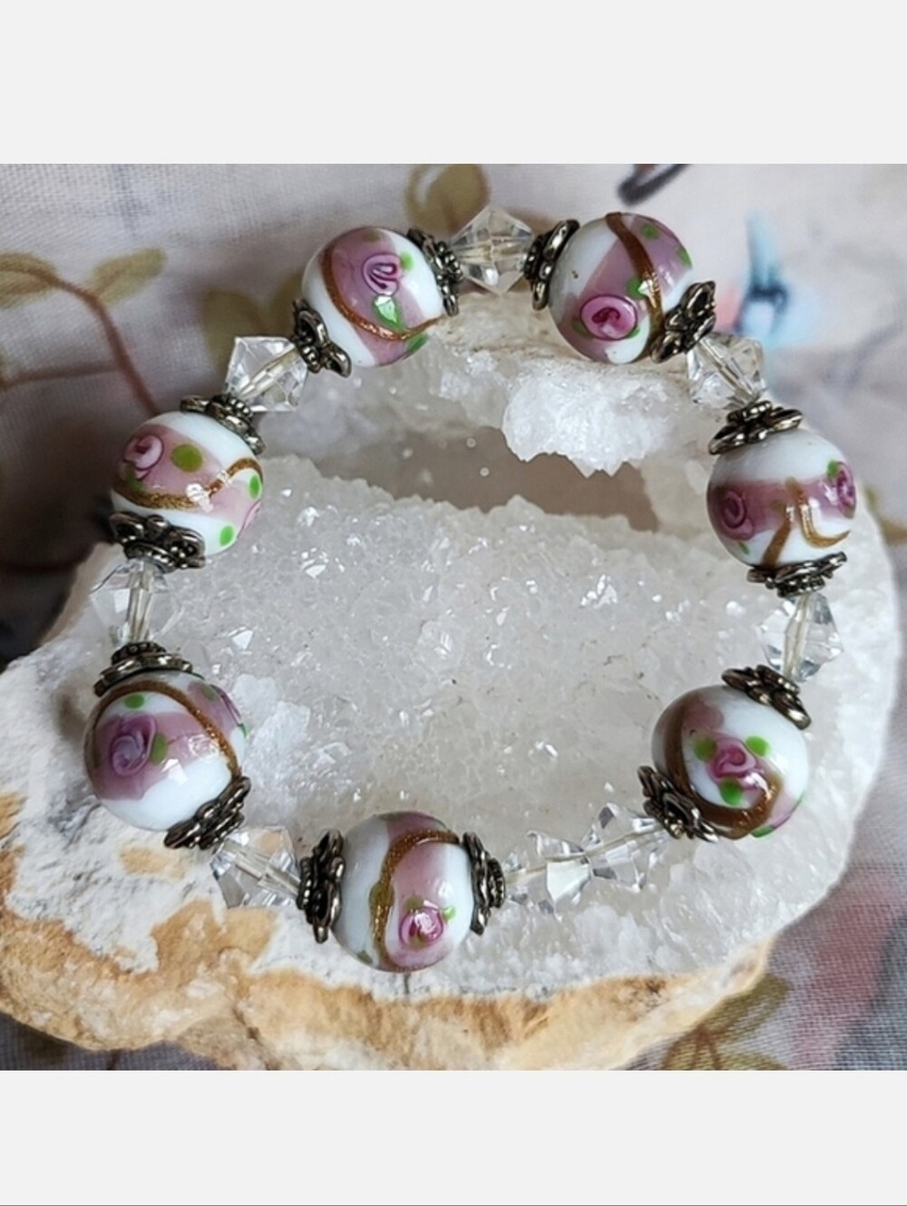 Wedding Cake Glass Venetian Lampwork Beads Pink Flowers White Stretch Bracelet